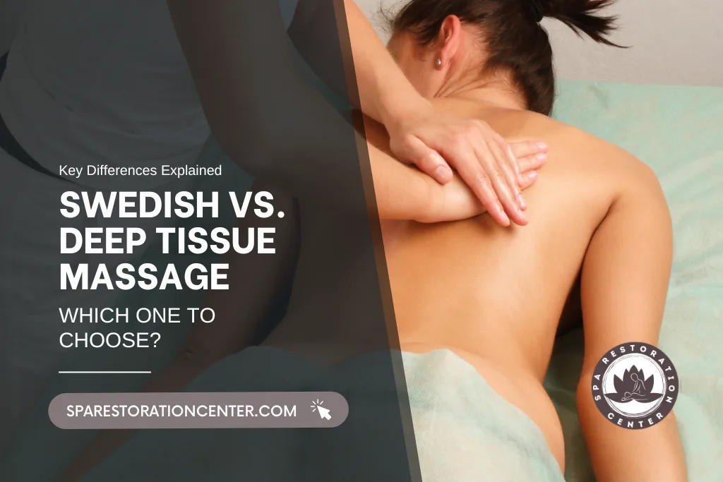 An advertisement for Swedish vs. Deep Tissue Massage from Spa Restoration Center. The text "Swedish vs. Deep Tissue Massage: Which One to Choose?" is overlaid on a close-up image of a woman receiving a massage on her back. The Spa Restoration Center logo and website address are visible.