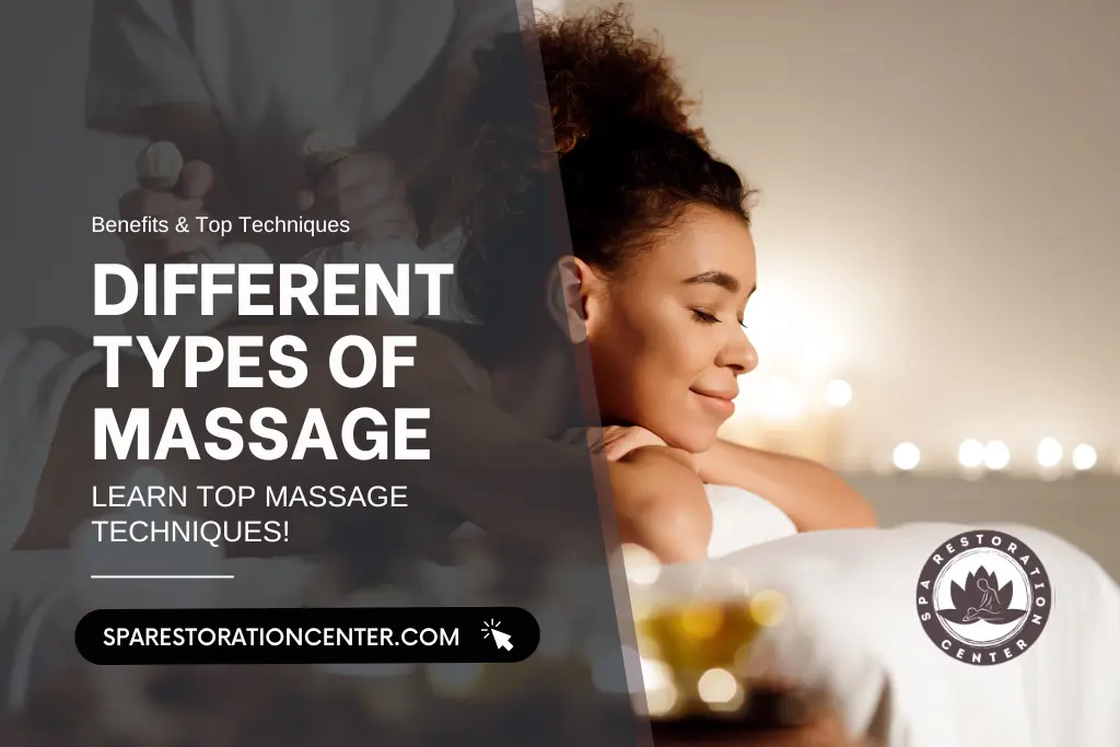 An advertisement for "Different Types of Massage" from Spa Restoration Center. The text "Different Types of Massage: Learn Top Massage Techniques!" is overlaid on an image of a woman with curly brown hair receiving a massage. The Spa Restoration Center logo and website address are visible. The woman is smiling and appears relaxed, with soft lighting and blurred candles in the background creating a spa-like atmosphere.