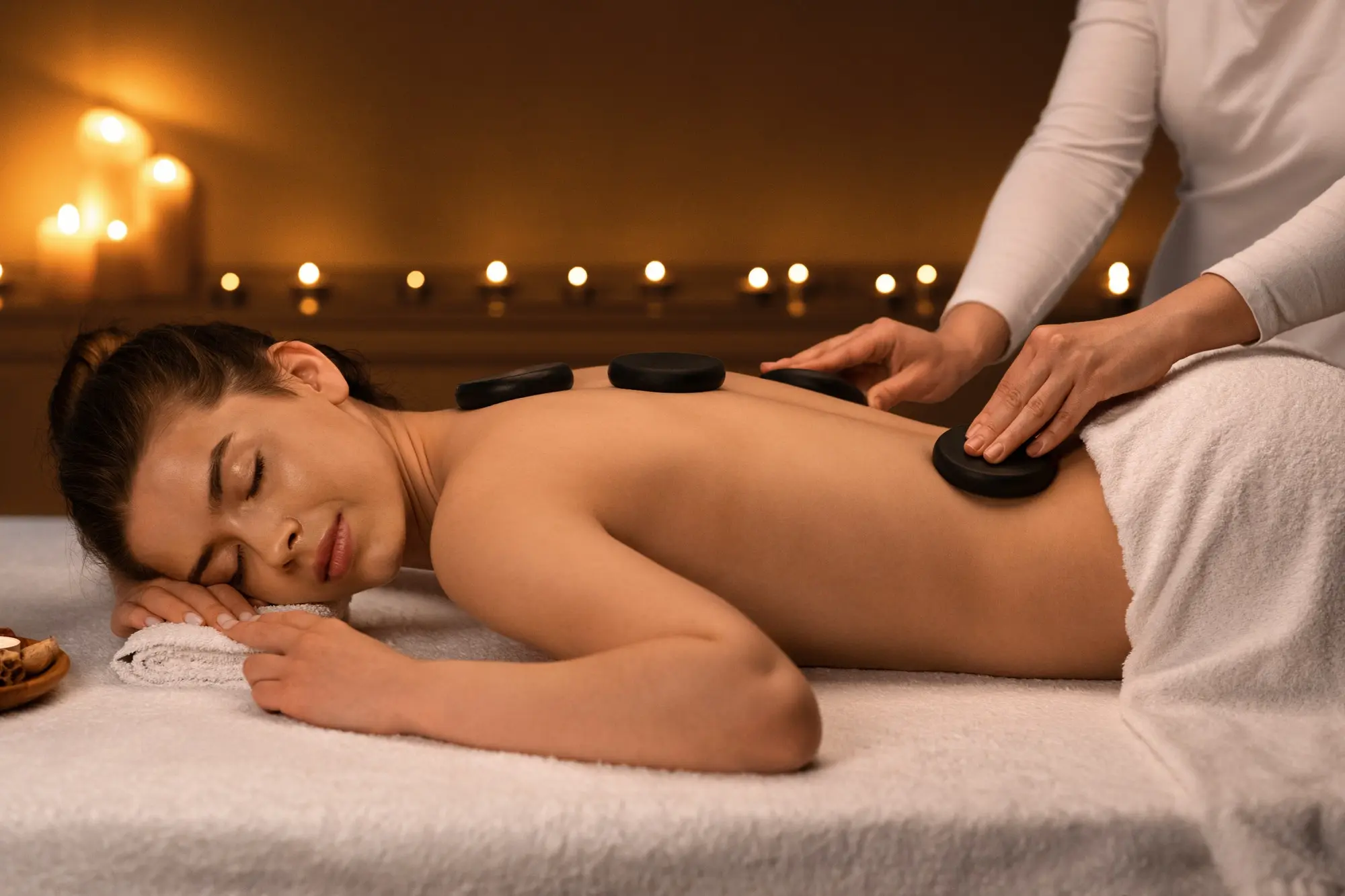 A woman relaxes on a massage table at Spa Restoration Center in Arlington, VA, receiving a hot stone massage.